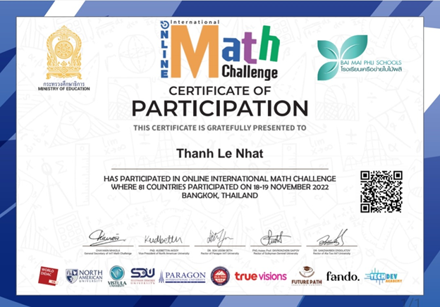 Chúc mừng bạn Lê Nhật Thành - học sinh lớp 5A1 trường Tiểu học Đại Yên đạt giải Sliver Award kì thi thử thách Toán học quốc tế IMC 2022.