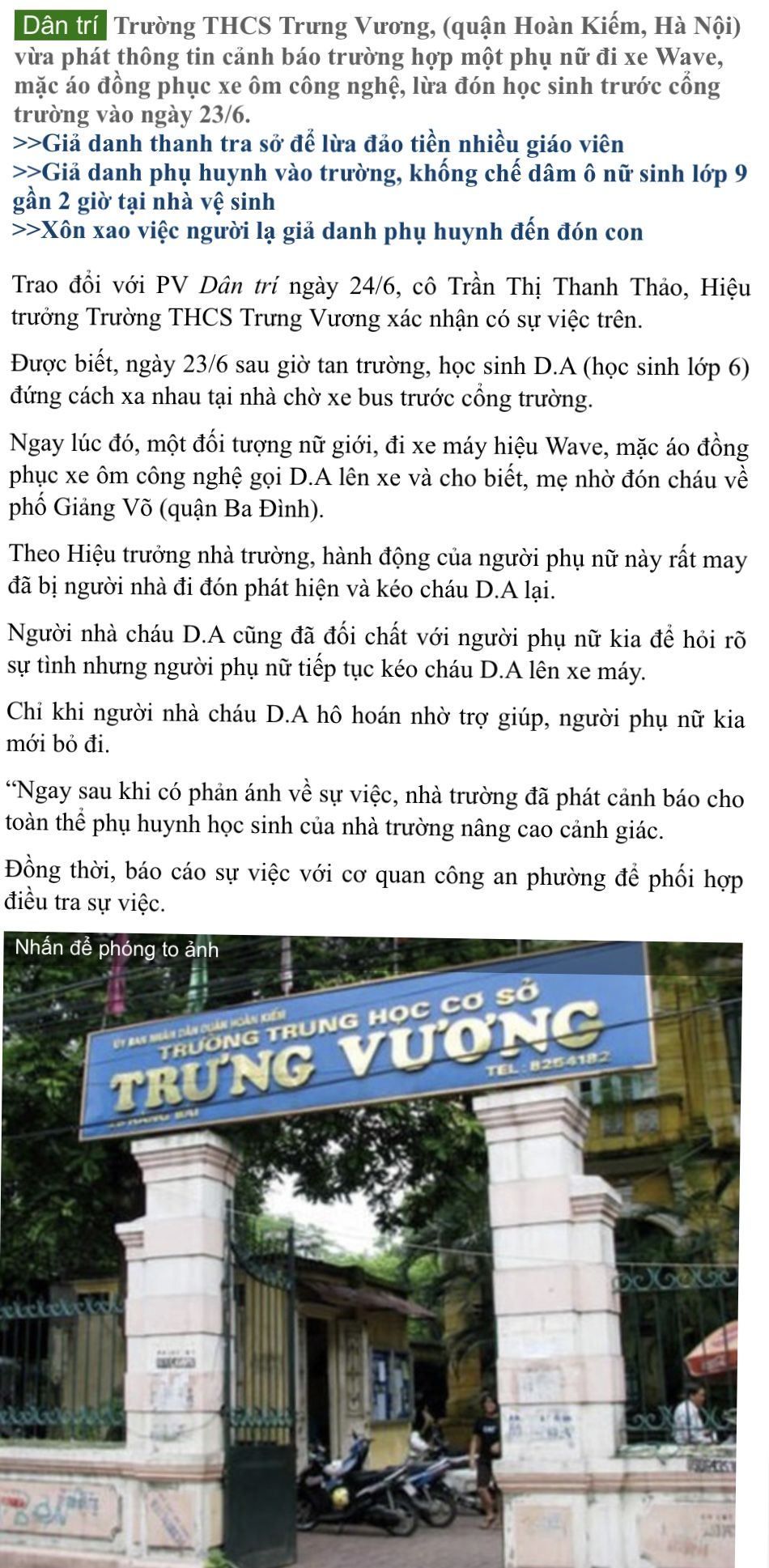 Cảnh báo: Xe ôm công nghệ lừa đón học sinh trước cổng trường Trưng Vương