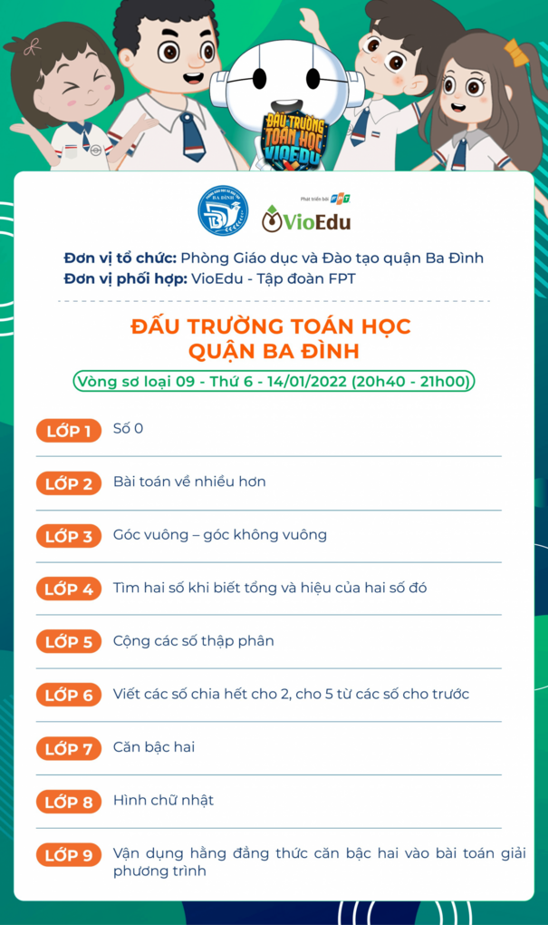 Chủ đề thi trận 09 – Đấu trường toán học quận Ba Đình