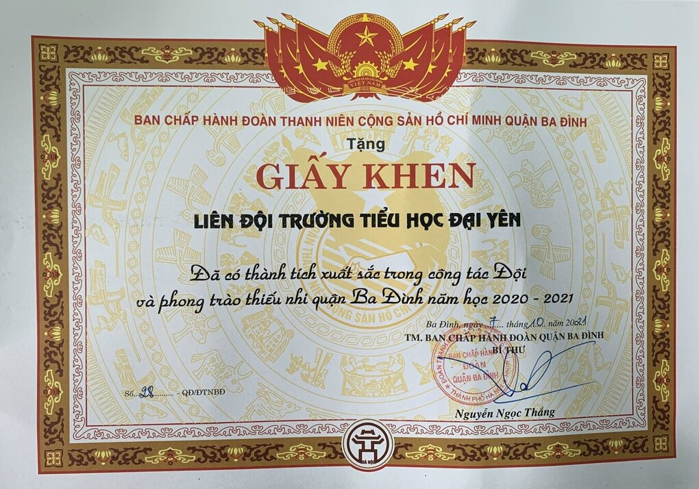 Tin vui chào năm mới: Liên đội TH Đại Yên đạt thành tích xuất sắc trong công tác Đội và phong trào thiếu nhi quận Ba Đình năm 2020-2021