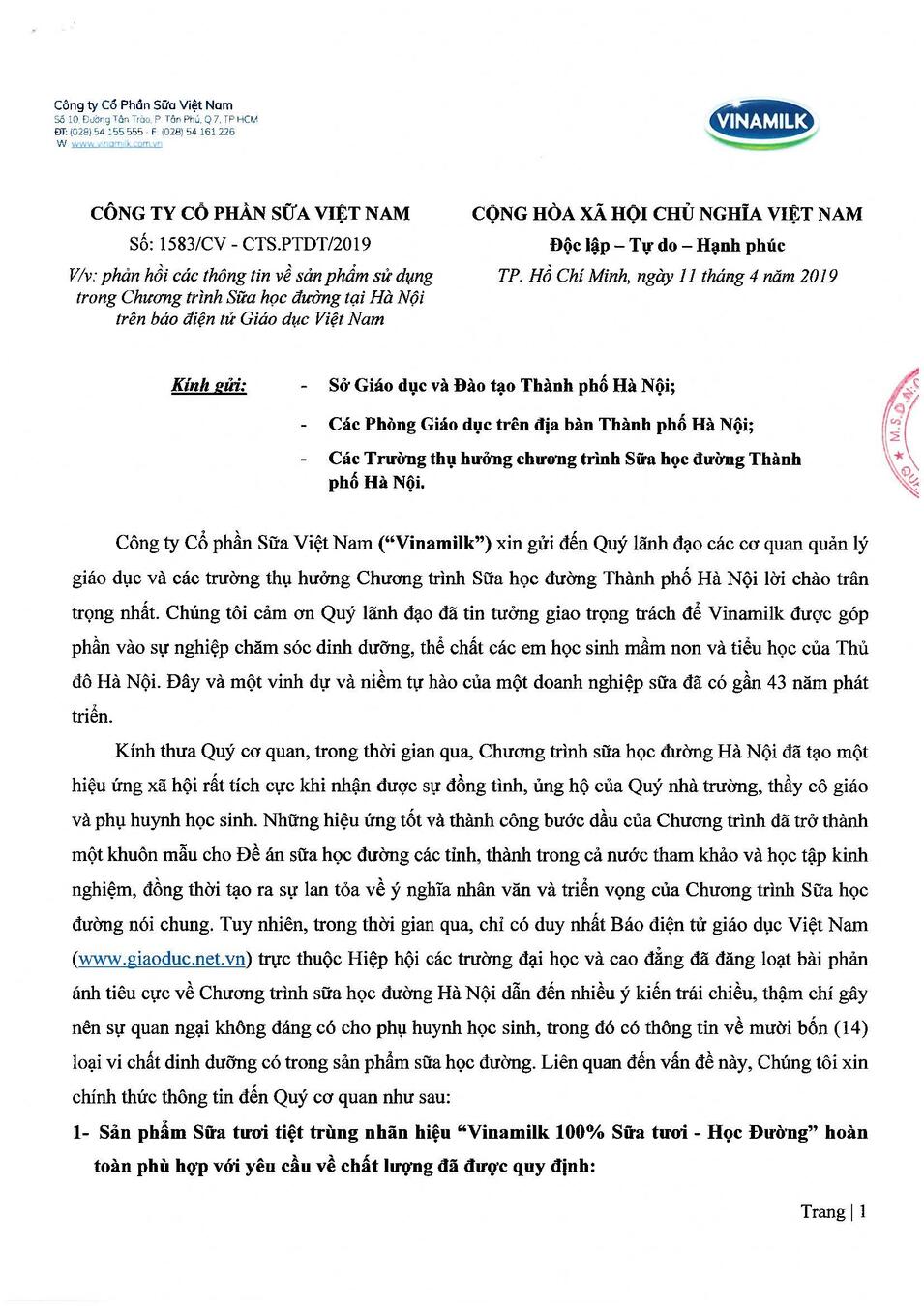 Thông báo Thông tin chi tiết về sữa học đường