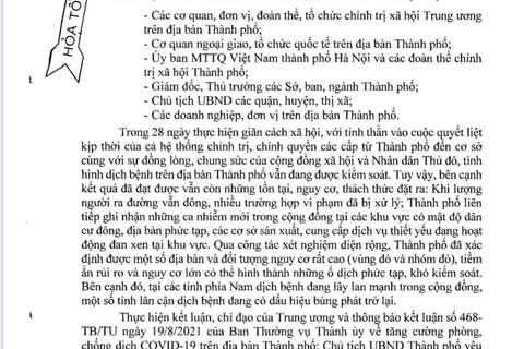 Chiều 21-8, Chủ tịch UBND thành phố Hà Nội Chu Ngọc Anh đã ký ban hành Công điện số 19/CĐ-UBND về việc tăng cường các biện pháp thực hiện nghiêm giãn cách xã hội để ngăn chặn dịch bệnh Covid-19