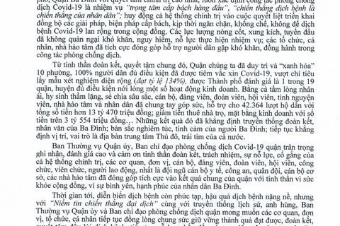 Thư cảm ơn của Bí thư Quận uỷ Ba Đình