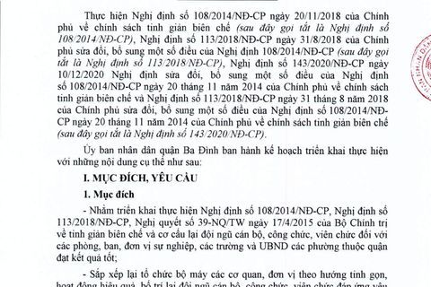 Kế hoạch số 303/KH-UBND về việc tinh giản biên chế quận Ba Đình năm 2022