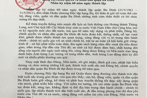 Chủ tịch nước gửi thư chúc mừng Đảng bộ, chính quyền và nhân dân quận Ba Đình