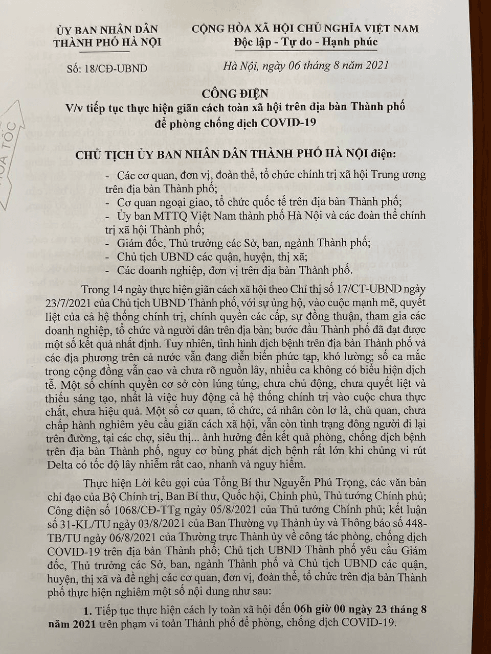 Công điện số 18/CĐ-UBND ngày 06/08/2021 của Chủ tịch UBND TP Hà Nội
