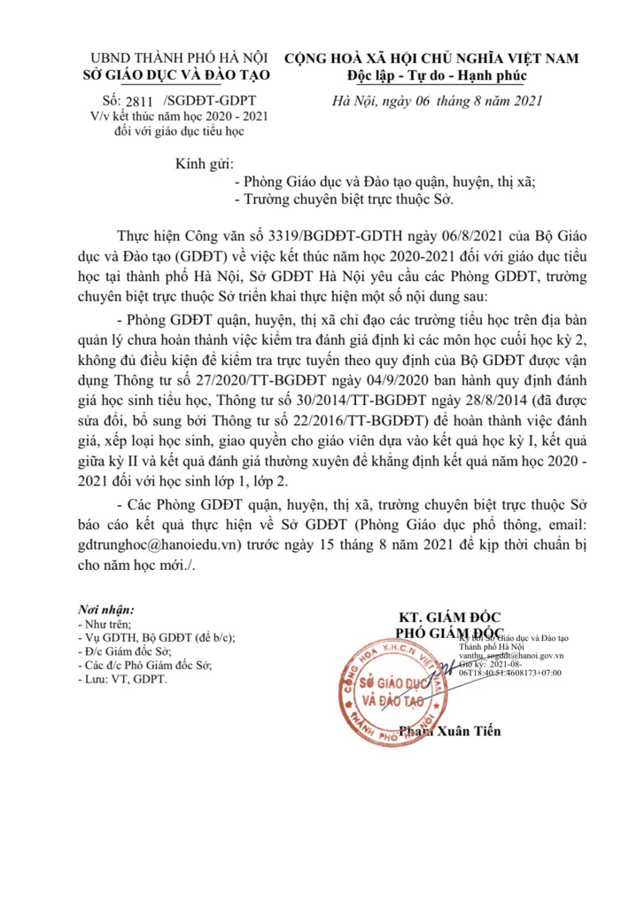 Công văn số 2811/SGDĐT-GDPT về kết thúc năm học 2020-2021 đối với giáo dục tiểu học