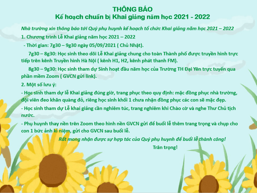 Thông báo kế hoạch chuẩn bị Khai giảng năm học 2021-2022