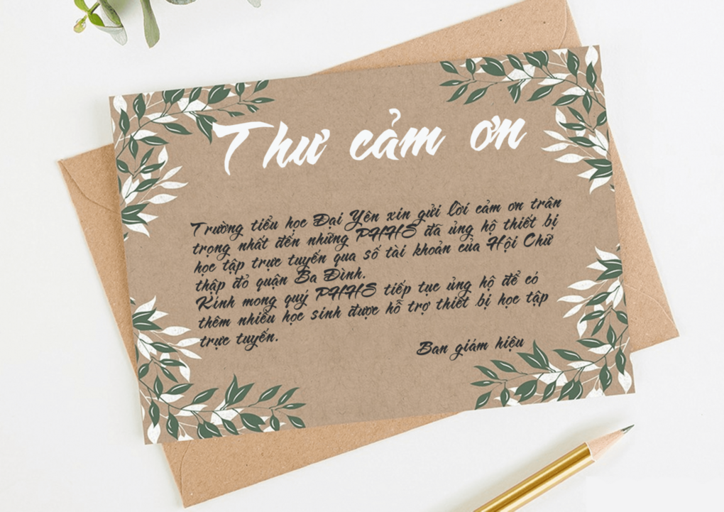 Thư cảm ơn PHHS đã ủng hộ thiết bị học tập trực tuyến do Hội Chữ thập đỏ quận Ba Đình phát động