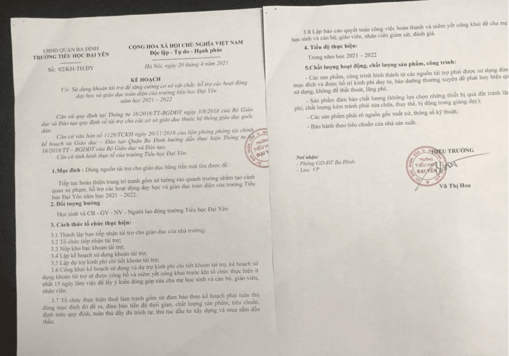Thông tin công khai về Kế hoạch sử dụng tài trợ để tăng cường csvc; hỗ trợ các hoạt động dạy học và giáo dục toàn diện của trường TH Đại Yên