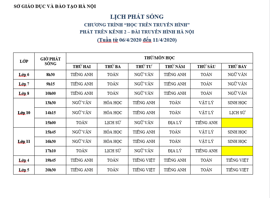 Lịch học trực tuyến trên truyền hình từ 06/04/2020 => 11/04/2020