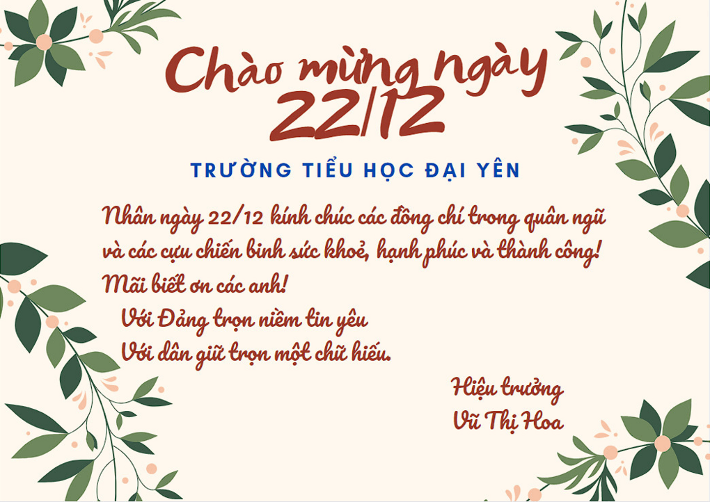 Thiệp chào mừng ngày 22/12 - Trường Tiểu học Đại Yên gửi đến các đơn vị quân đội và trực thuộc quân đội