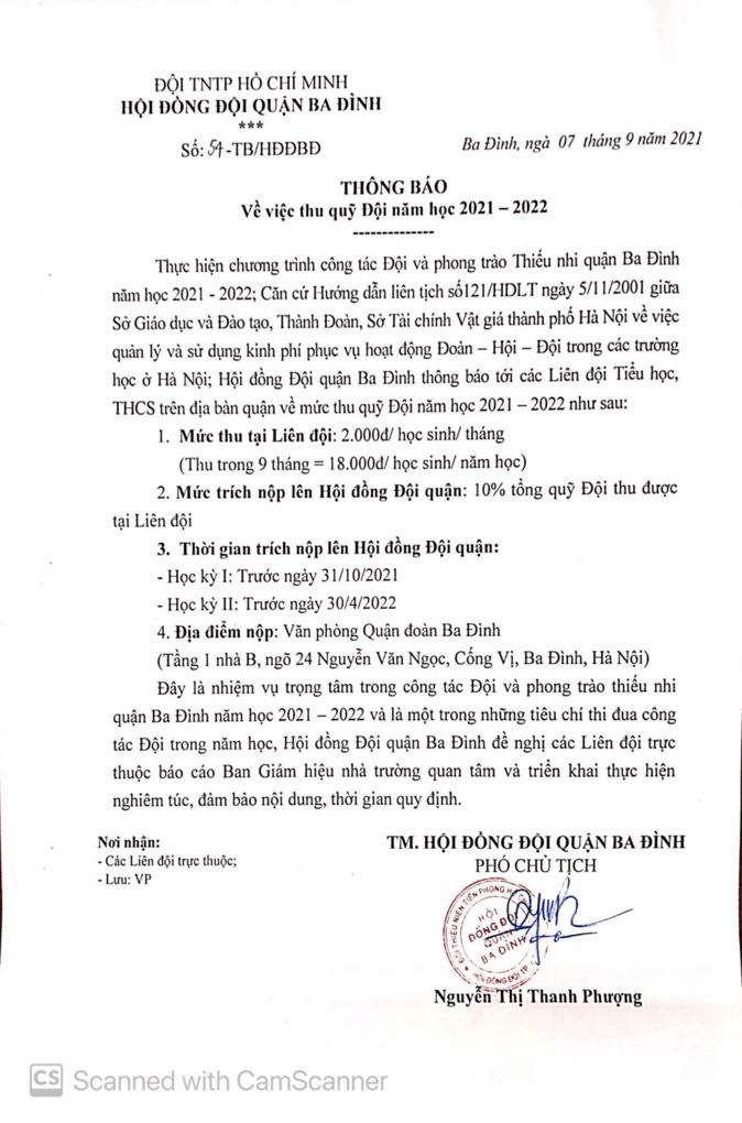 Thông báo về việc thu quỹ Đội năm học 2021-2022