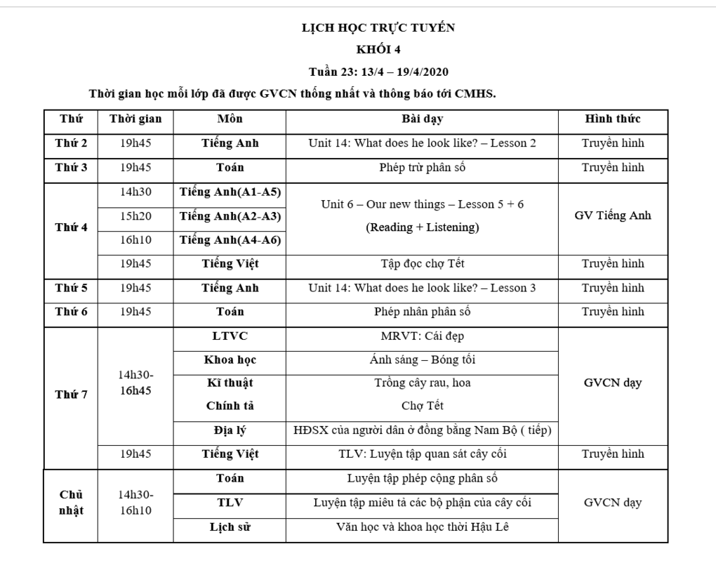 Lớp 4: Lịch học và bài giảng tuần 23