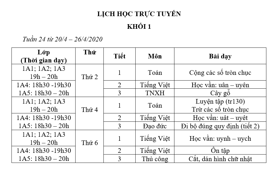 Lớp 1: Lịch học tuần 24