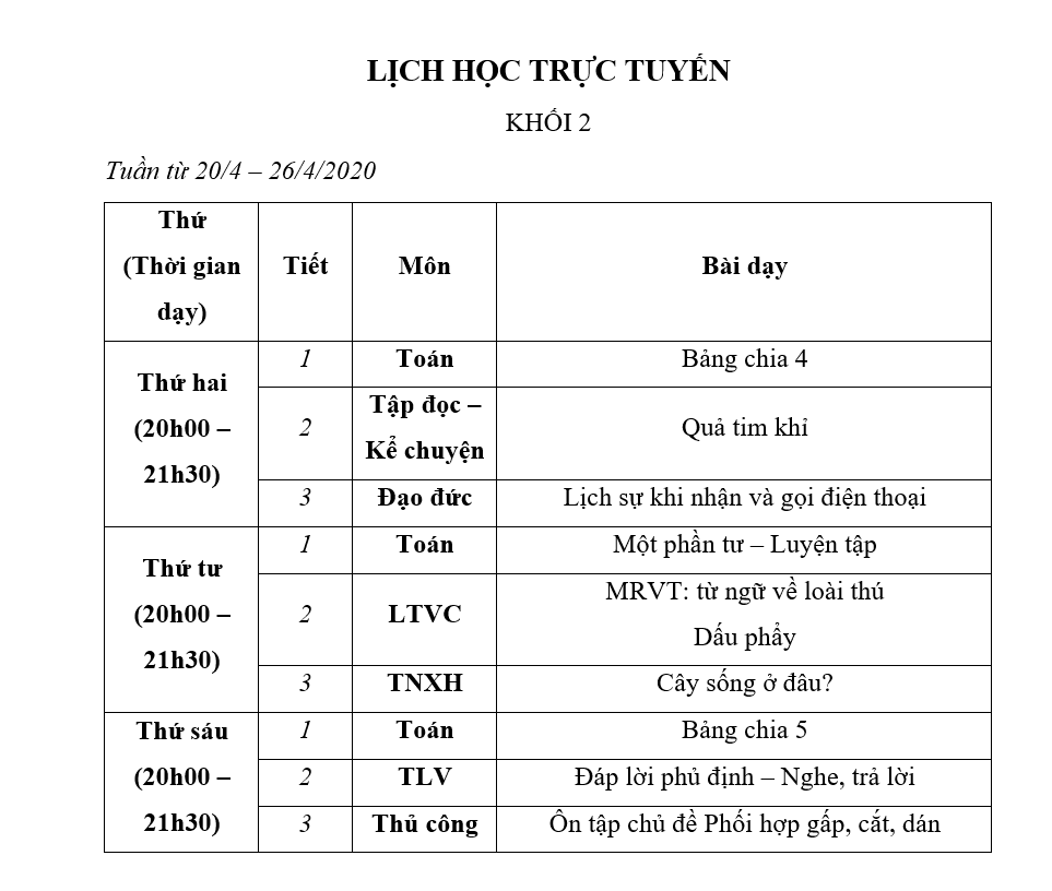Lớp 2: Lịch học tuần 24