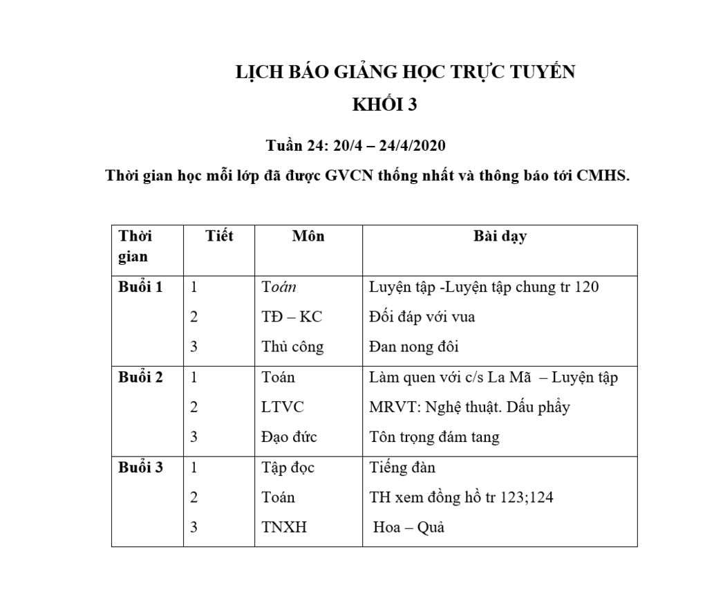 Lớp 3: Lịch học tuần 24