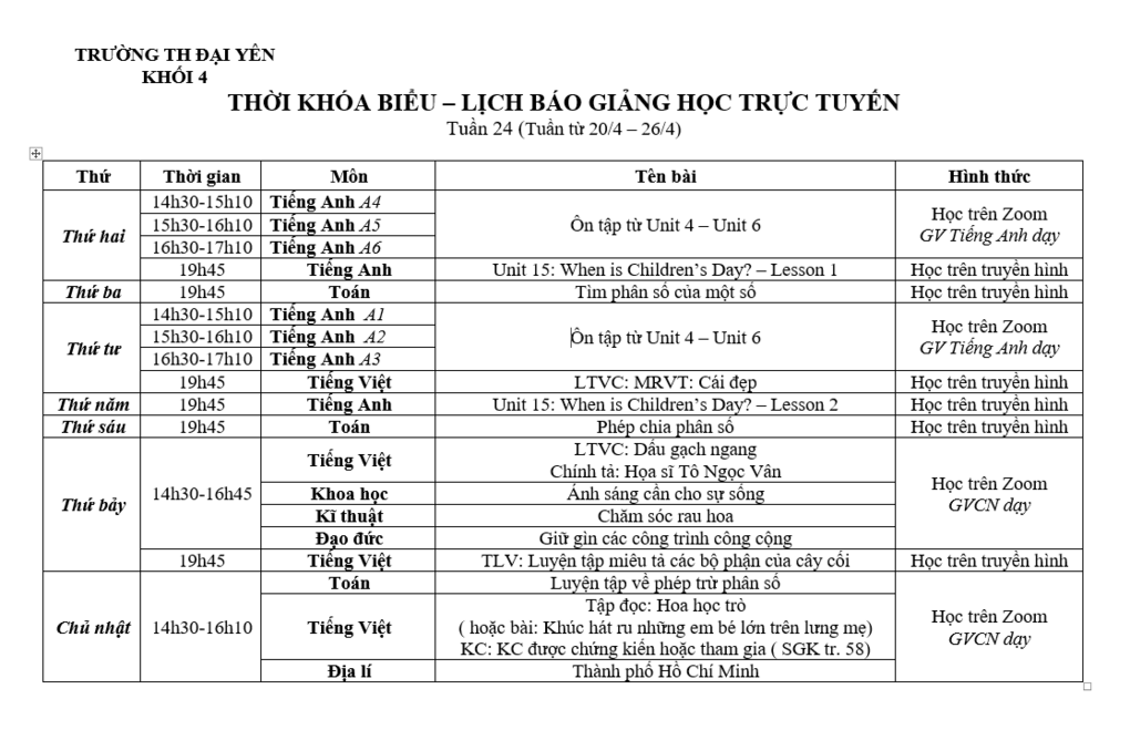 Lớp 4: Lịch học tuần 24