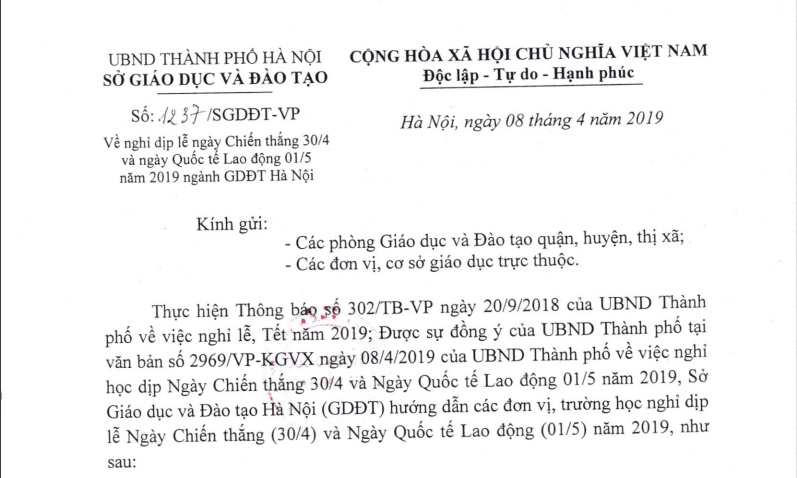 Thông báo Lịch nghỉ lễ 30/4 và 1/5 năm 2019