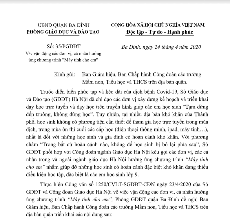 Công văn: Vận động các tổ chức, cá nhân hướng ứng chương trình "Máy tính cho em"