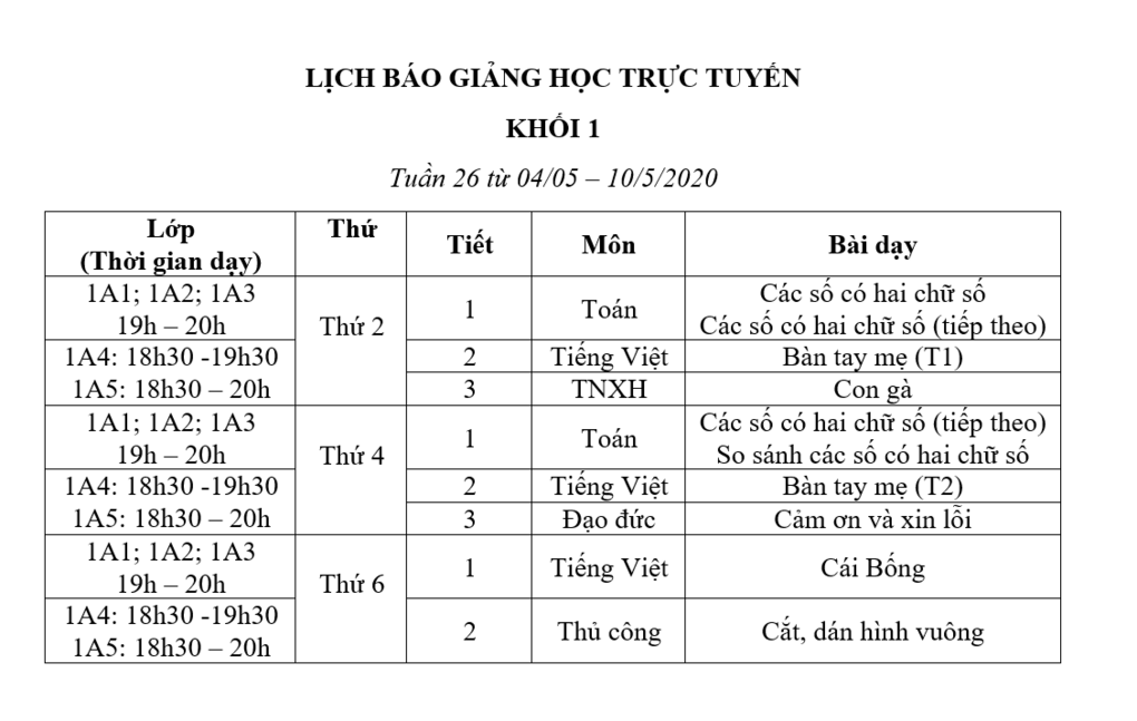 Lớp 1: Lịch học tuần 26
