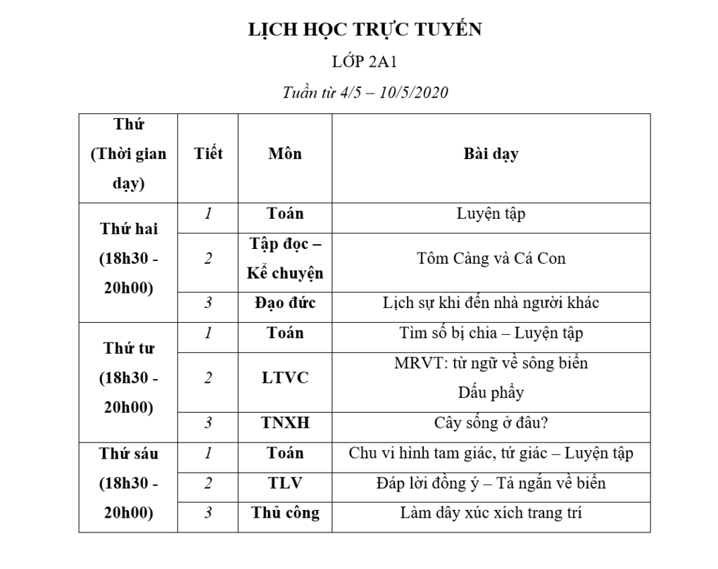 Lớp 2: Lịch học tuần 26
