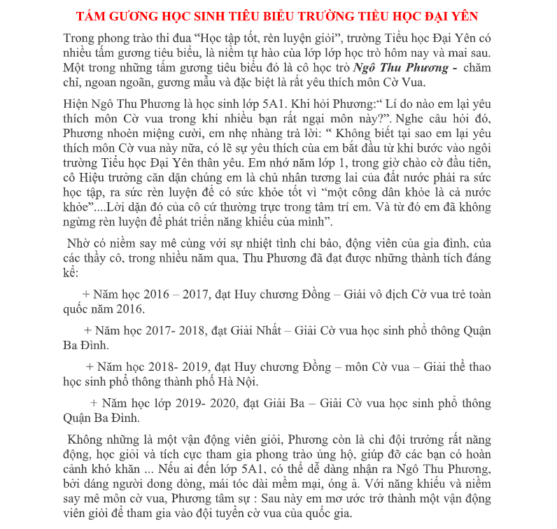 Tấm gương học sinh tiêu biểu trường Tiểu học Đại Yên