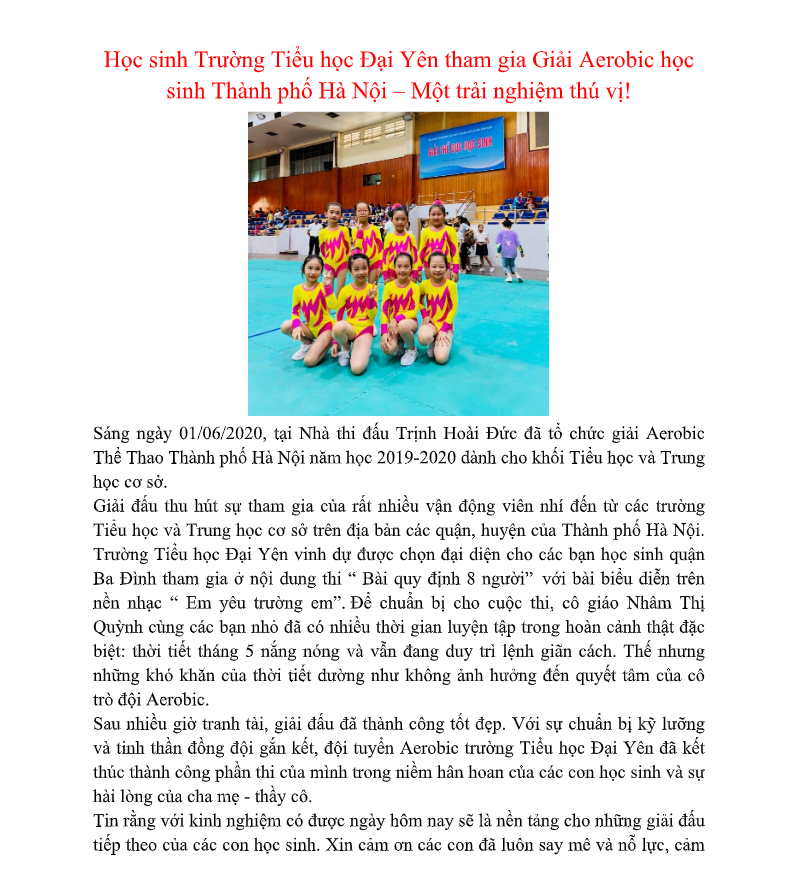 Học sinh Trường Tiểu học Đại Yên tham gia giải Aerobic thành phố Hà Nội