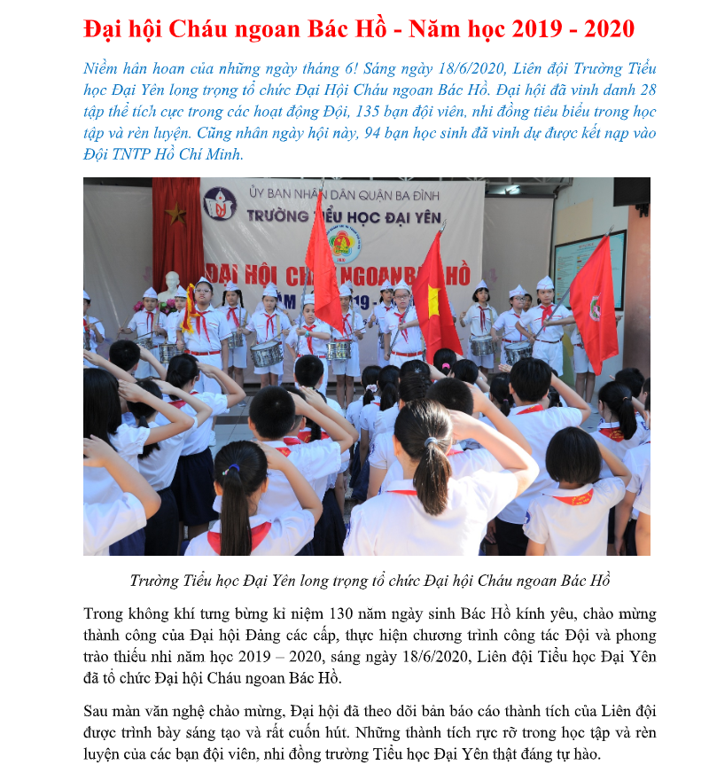 Đại hội Cháu ngoan Bác Hồ - Năm học 2019 - 2020