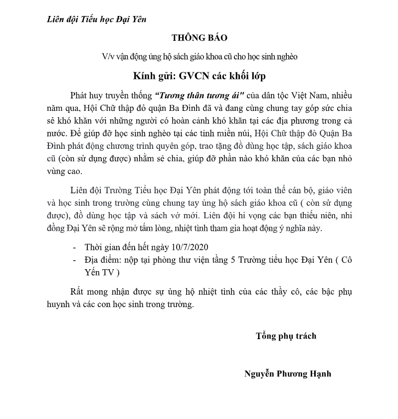 Thông báo: Vận động ủng hộ sách giáo khoa cũ cho học sinh nghèo