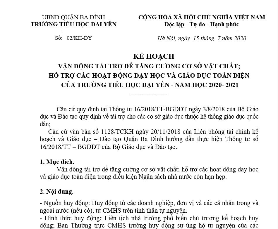 KẾ HOẠCH  VẬN ĐỘNG TÀI TRỢ ĐỂ TĂNG CƯỜNG CƠ SỞ VẬT CHẤT;  HỖ TRỢ CÁC HOẠT ĐỘNG DẠY HỌC VÀ GIÁO DỤC TOÀN DIỆN  CỦA TRƯỜNG TIỂU HỌC ĐẠI YÊN - NĂM HỌC 2020- 2021
