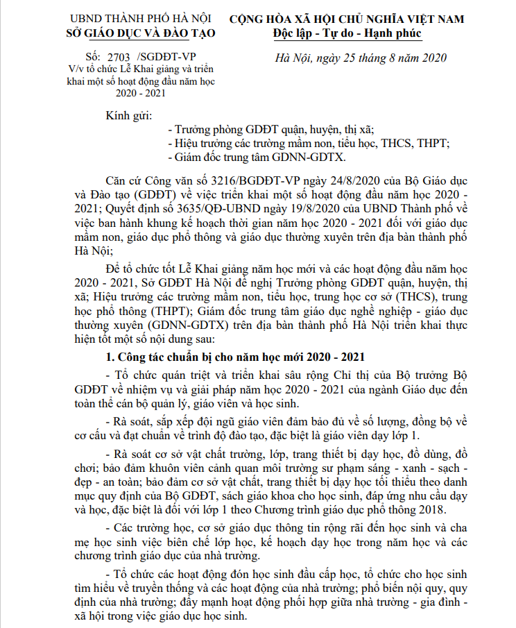Hướng dẫn tổ chức khai giảng năm học 2020-2021