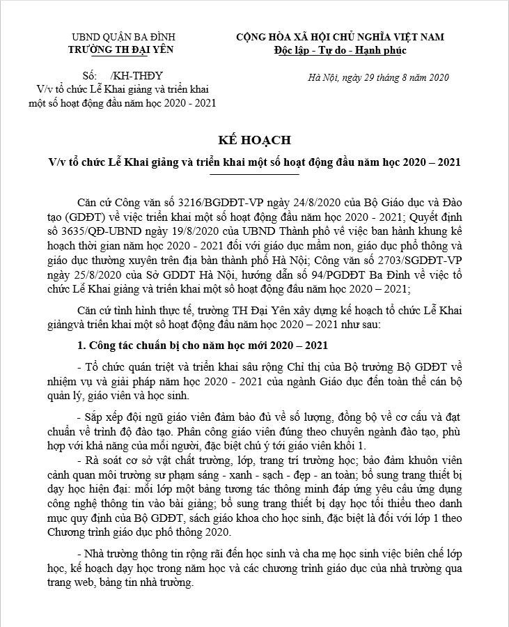 Kế hoạch tổ chức khai giảng và triển khai một số hoạt động đầu năm học 2020-2021