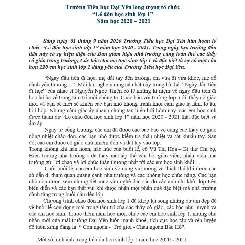 Trường Tiểu học Đại Yên long trọng tổ chức "Lễ đón học sinh lớp 1" năm học 2020-2021