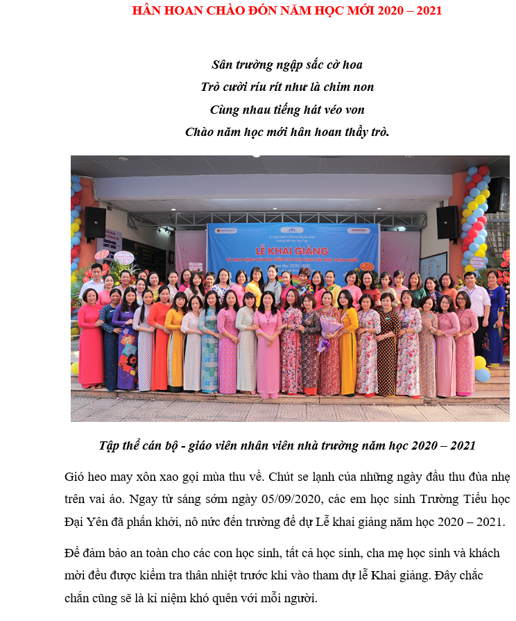 Hân hoan chào đón năm học mới 2020-2021