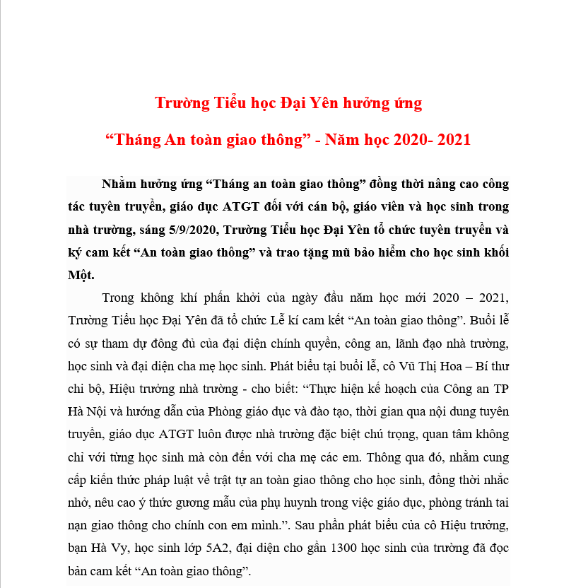 Hưởng ứng   “Tháng An toàn giao thông” - Năm học 2020- 2021