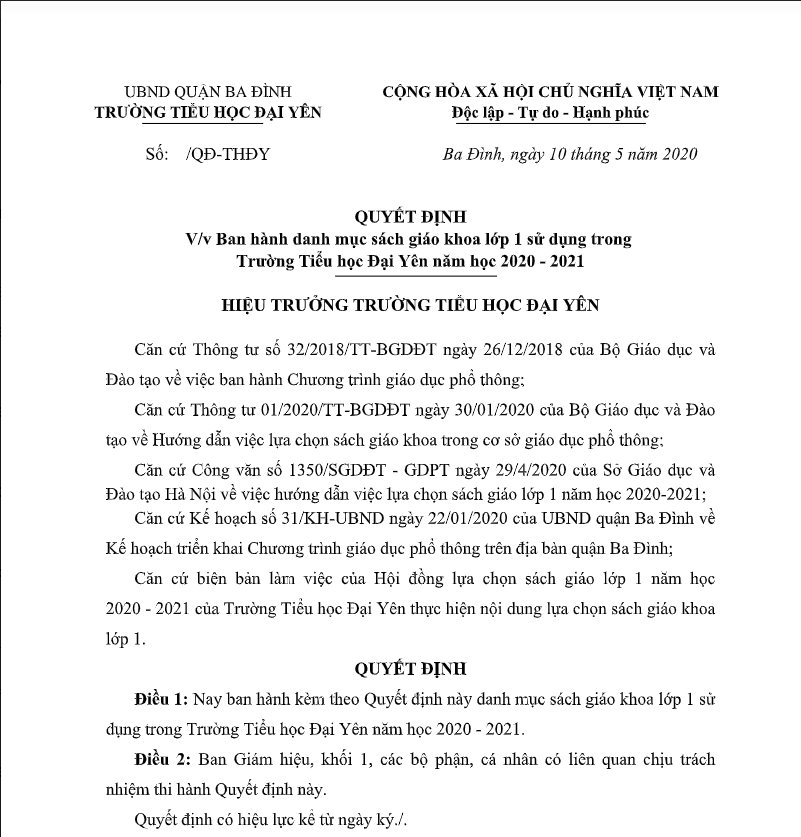 QUYẾT ĐỊNH V/v Ban hành danh mục sách giáo khoa lớp 1 sử dụng trong  Trường Tiểu học Đại Yên năm học 2020 - 2021