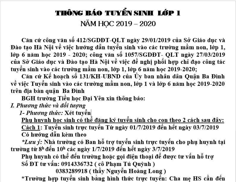 Thông báo tuyển sinh lớp 1