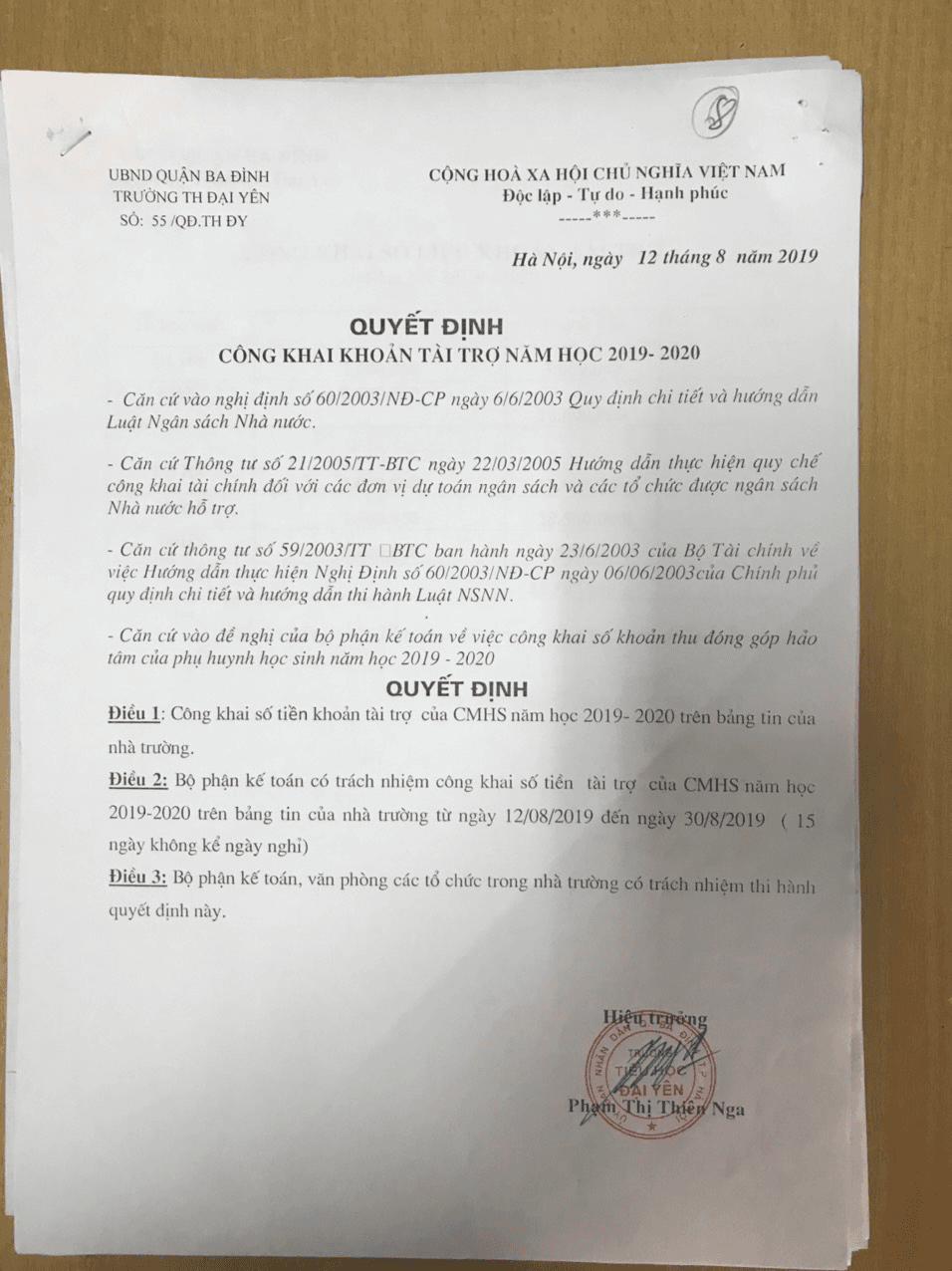 Công khai chi tiền tài trợ năm học 2019-2020