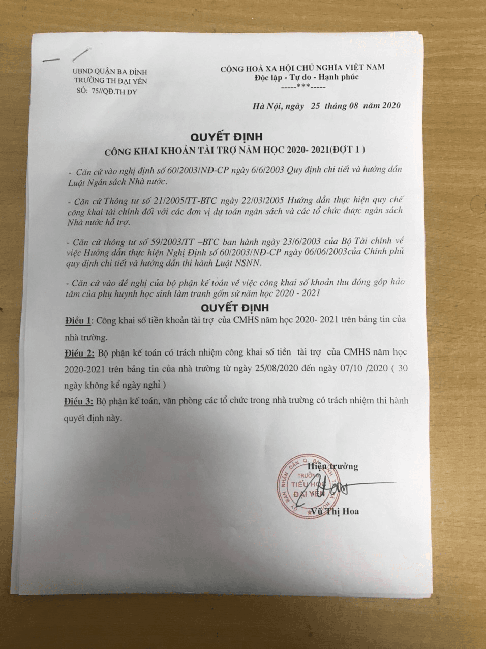 Công khai tiền tài trợ năm học 2020-2021