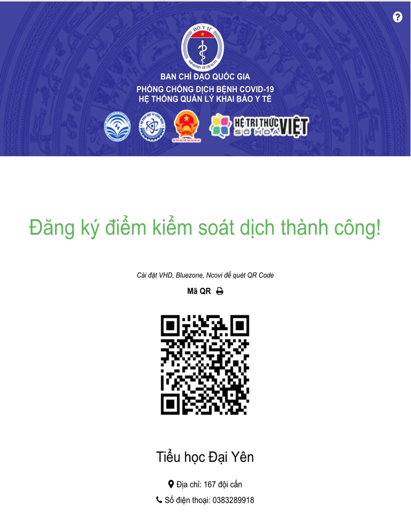 Mã QR khai báo Y tế tại trường TH Đại Yên