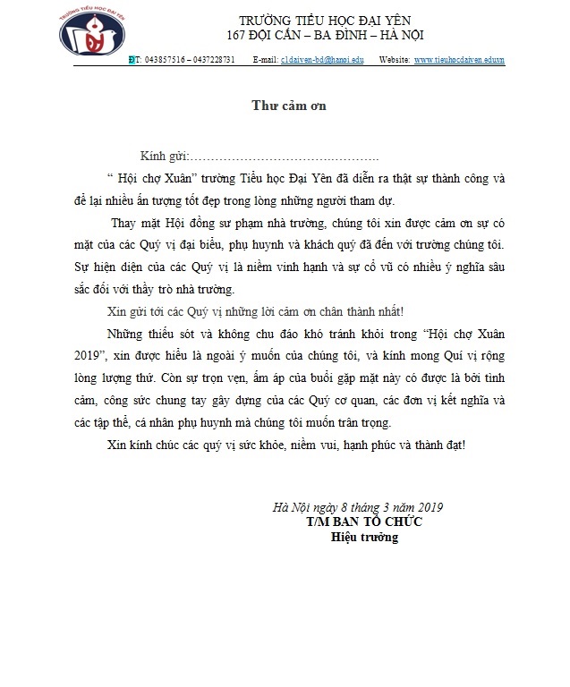Thư cảm ơn Hội chợ Xuân 2019
