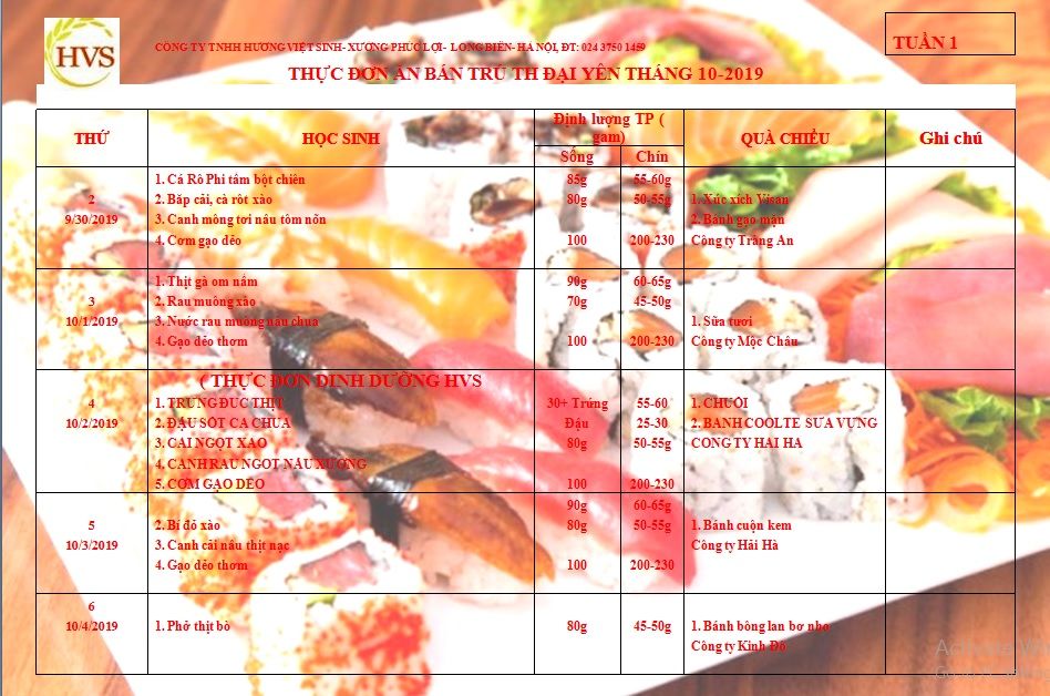 Thực dơn học sinh Tháng 10