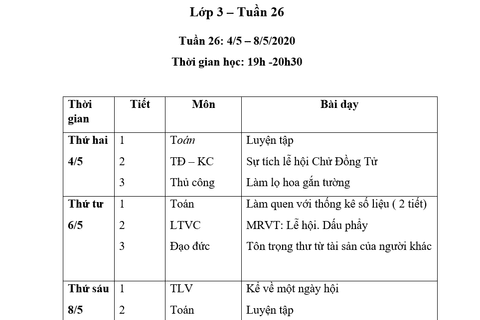 Lớp 3: Lịch học tuần 26