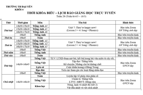 Lớp 4: Lịch học tuần 26
