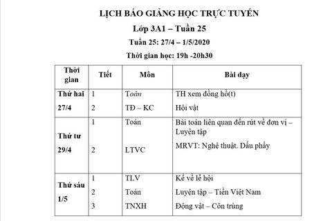 Lớp 3: Lịch học tuần 25