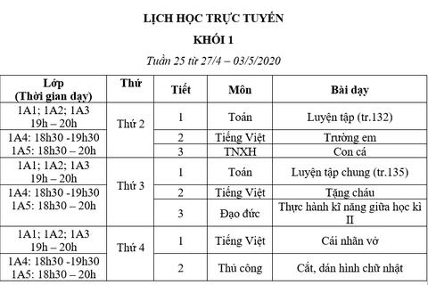 Lớp 1: Lịch học tuần 25