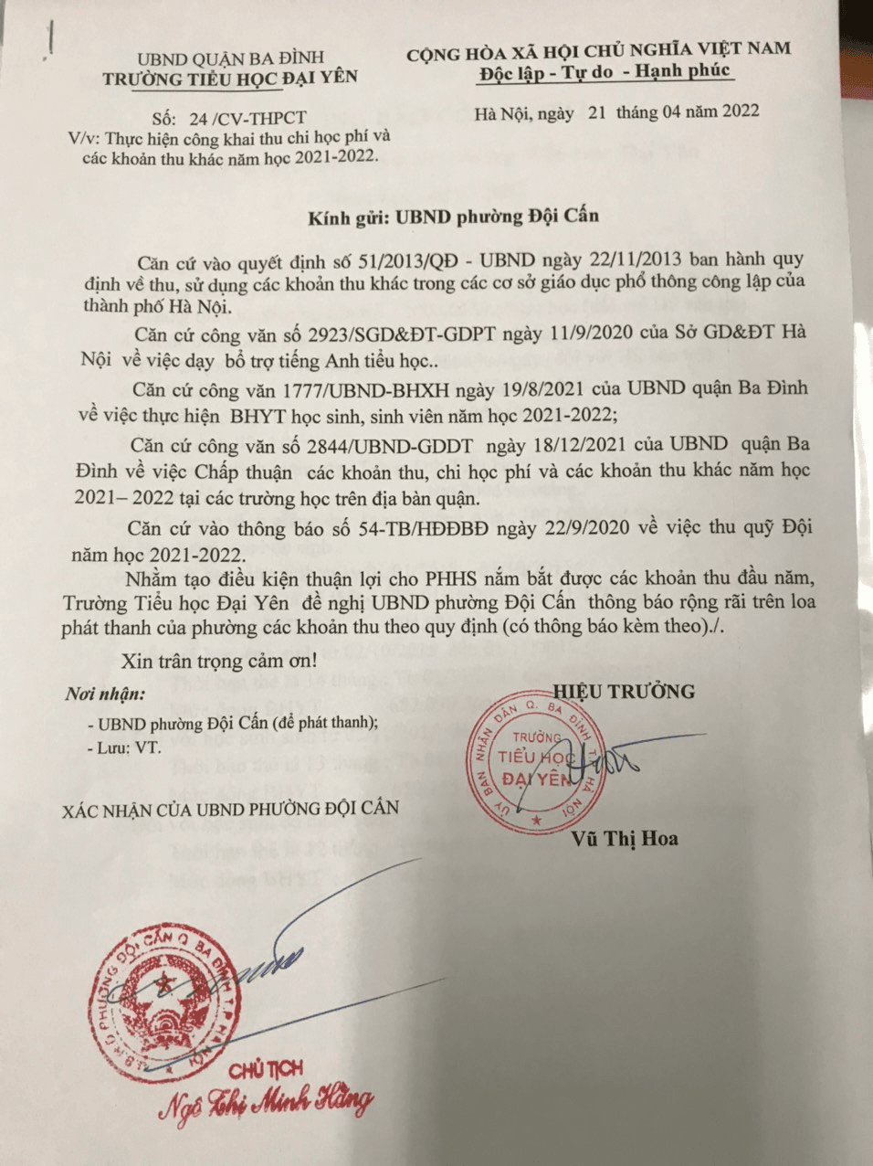 Công khai các khoản thu năm học 2021-2022
