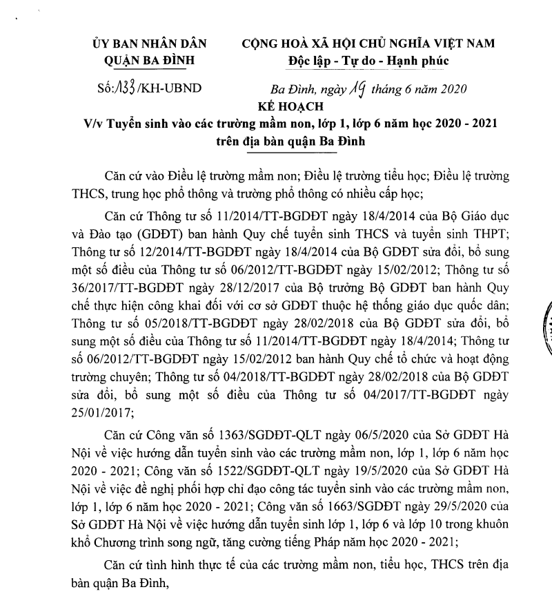 Tuyển sinh vào các trường Mầm non,Lớp 1,Lớp 6 năm học 2020-2021 trên địa bàn quận Ba Đình