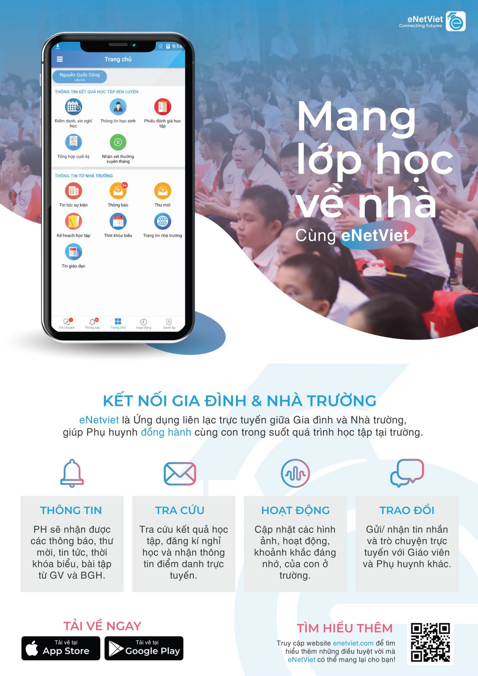 Hướng dẫn Cha mẹ học sinh cài ứng dụng eNetViet năm học 2022-2023